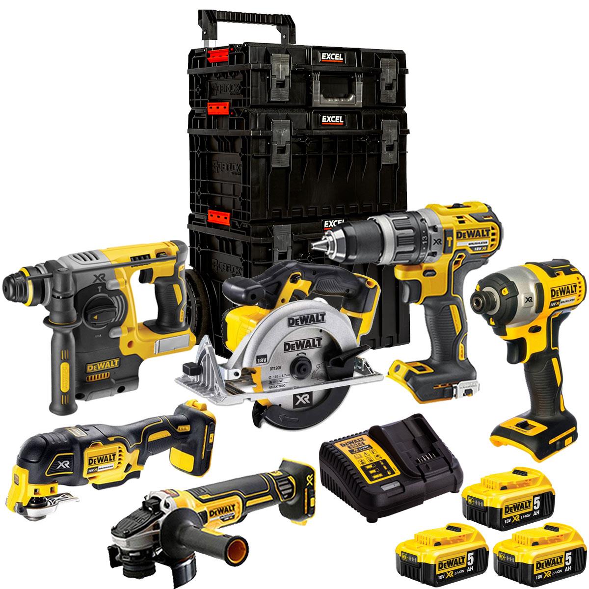 Dewalt 18V 6 Piece Power Tool Kit with 3 x 5.0Ah Battery, Charger & 3 Piece Modular Tool Box T4TKIT-24392