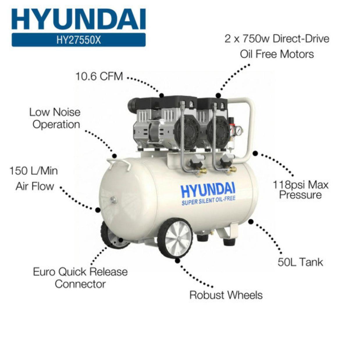 Hyundai HY27550X 50L Oil Free Low Noise Portable Electric Air Compressor 118psi 230V/1500W