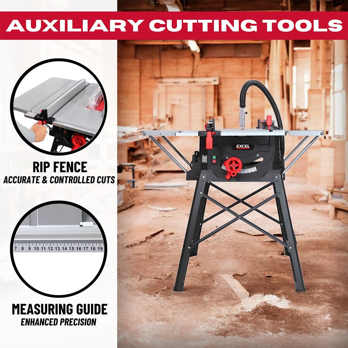 Excel 255mm Table Saw with Dust Extractor 50L Vacuum Cleaner 240V