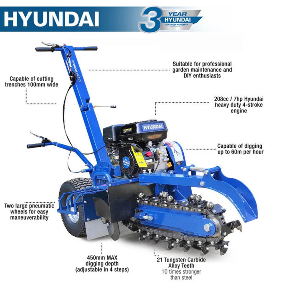 Hyundai HYTR70 450mm Depth Petrol Trencher & Recoil Start 210cc Engine, Adjustable Soft Grip