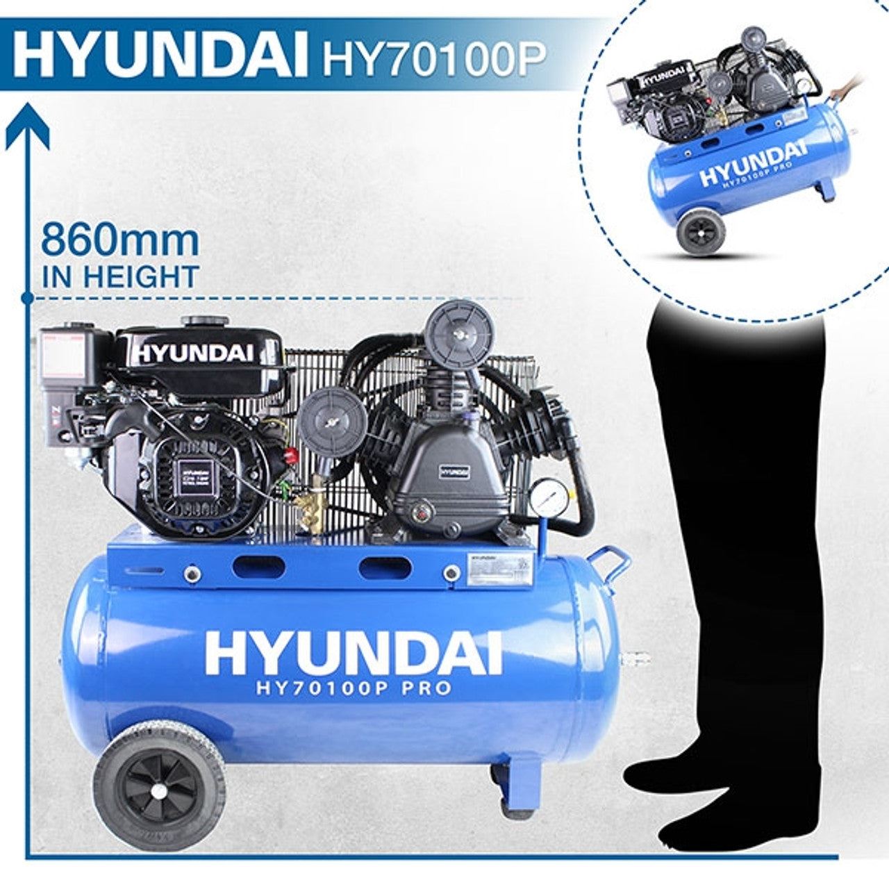 Hyundai HY70100P 90L Heavy Duty Petrol Air Compressor 10.7CFM 145psi Belt Drive