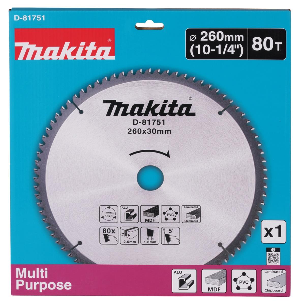 Makita D-81751 Multi-Purpose TCT Circular Saw Blade 260mm x 30mm x 80T