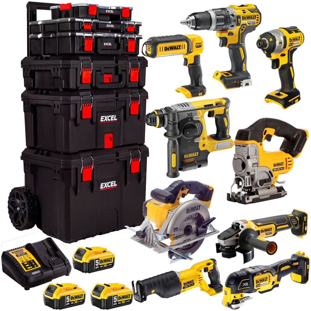 DeWalt DCKT4T9AP4 18V 9 Piece Power Tool Kit with 3 x 5.0Ah Battery & Trolley Toolbox