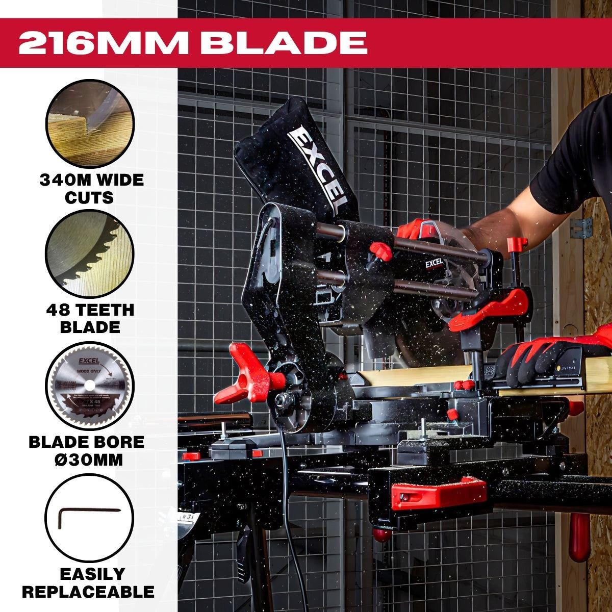 Excel 216mm Sliding Mitre Saw with LED Light & 48T Blade 240V/1700W Item Condition Damaged Box