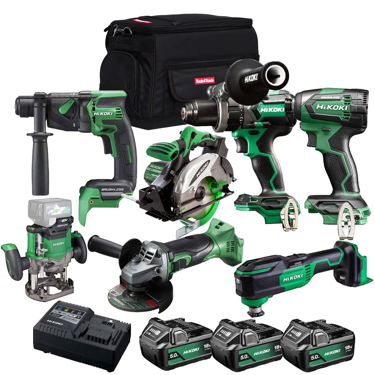 Hikoki 18V 7 Piece Power Tool Combo Kit with 3 x 5.0Ah Battery & Charger T4TKIT-27301