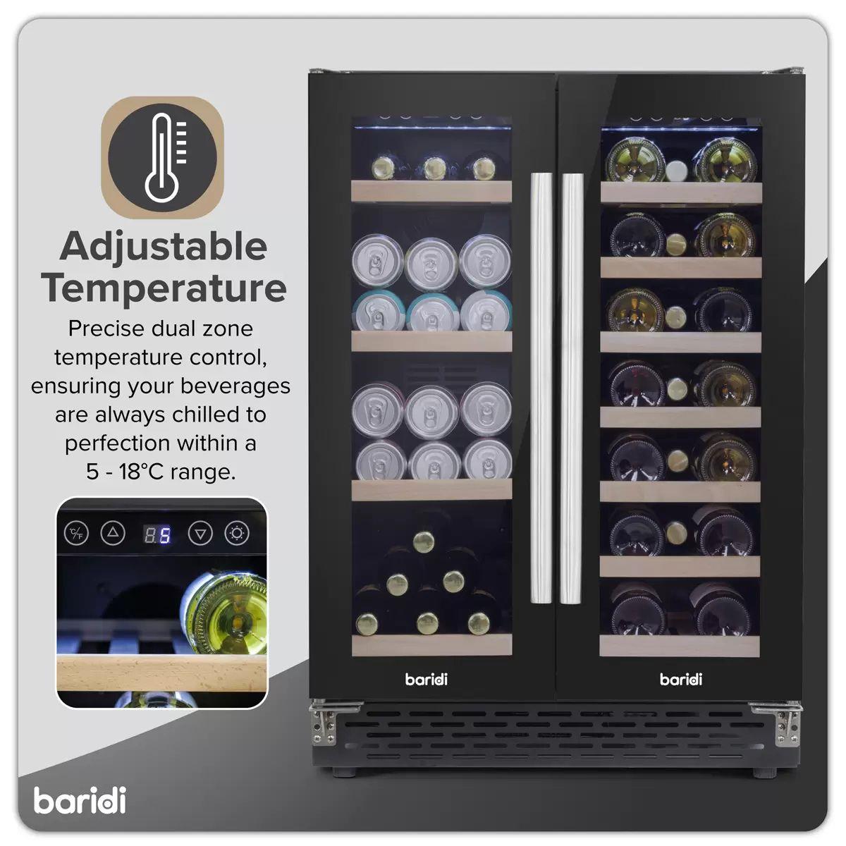 Sealey DH96 Baridi 40 Bottle/120 Can Dual Zone Undercounter/Freestanding Wine & Drinks Fridge Black 230V