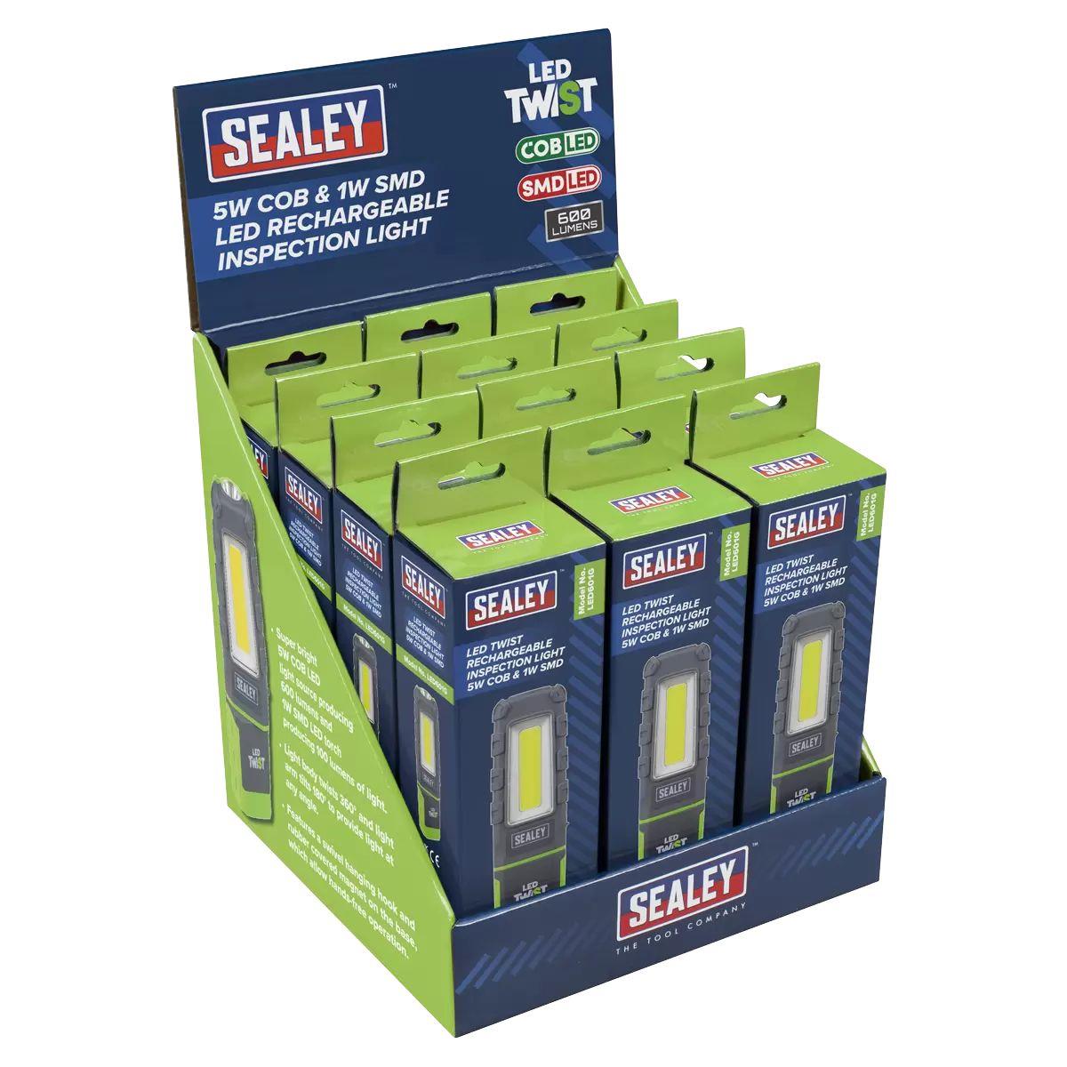 Sealey LED601GDB LED Twist Rechargeable Inspection Light, Green Box of 12