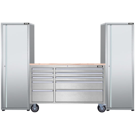 Excel 55inch 10 Drawer Stainless Steel Workbench Roller Tool Chest Cabinet & 2 Tall Cabinet
