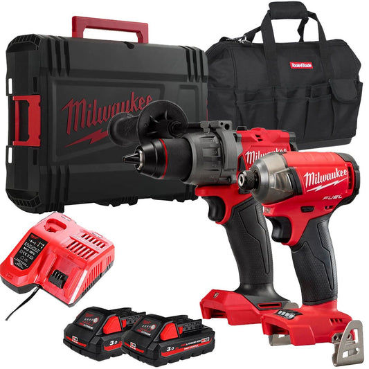 Milwaukee 18V Brushless Twin Pack Combi Drill + Impact Driver with 2 x 3.0Ah Battery, Charger, Case & Bag