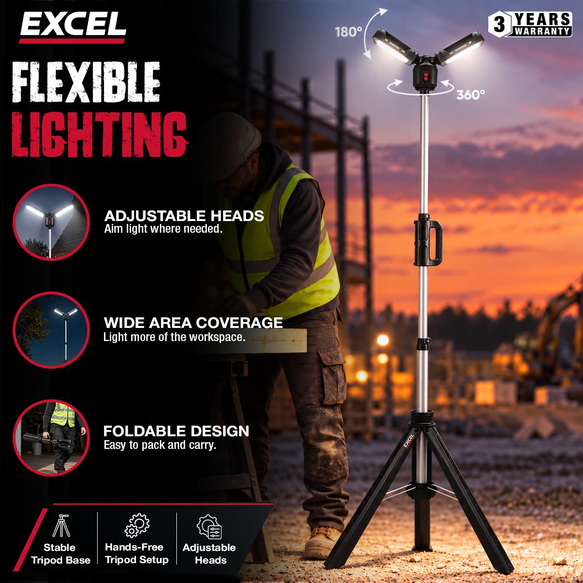 Excel 6000 Lumens Rechargeable LED Tripod Work Light with Adjustable Head