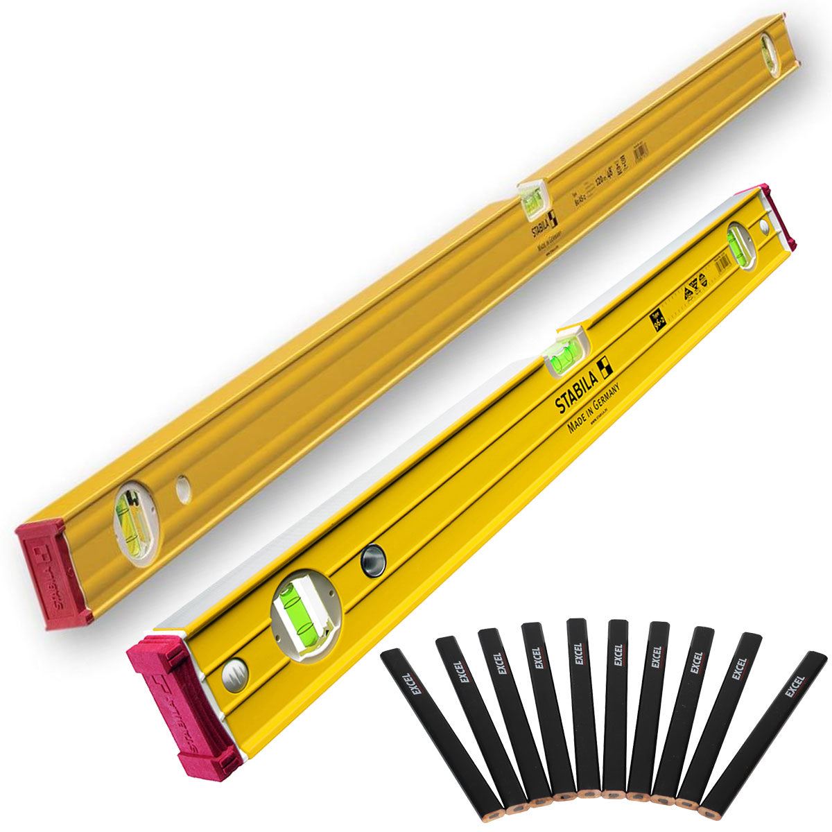 Stabila 96-2 Double Plumb Ribbed Box Level 60cm + 120cm Twin Pack With 10 Pencil Set