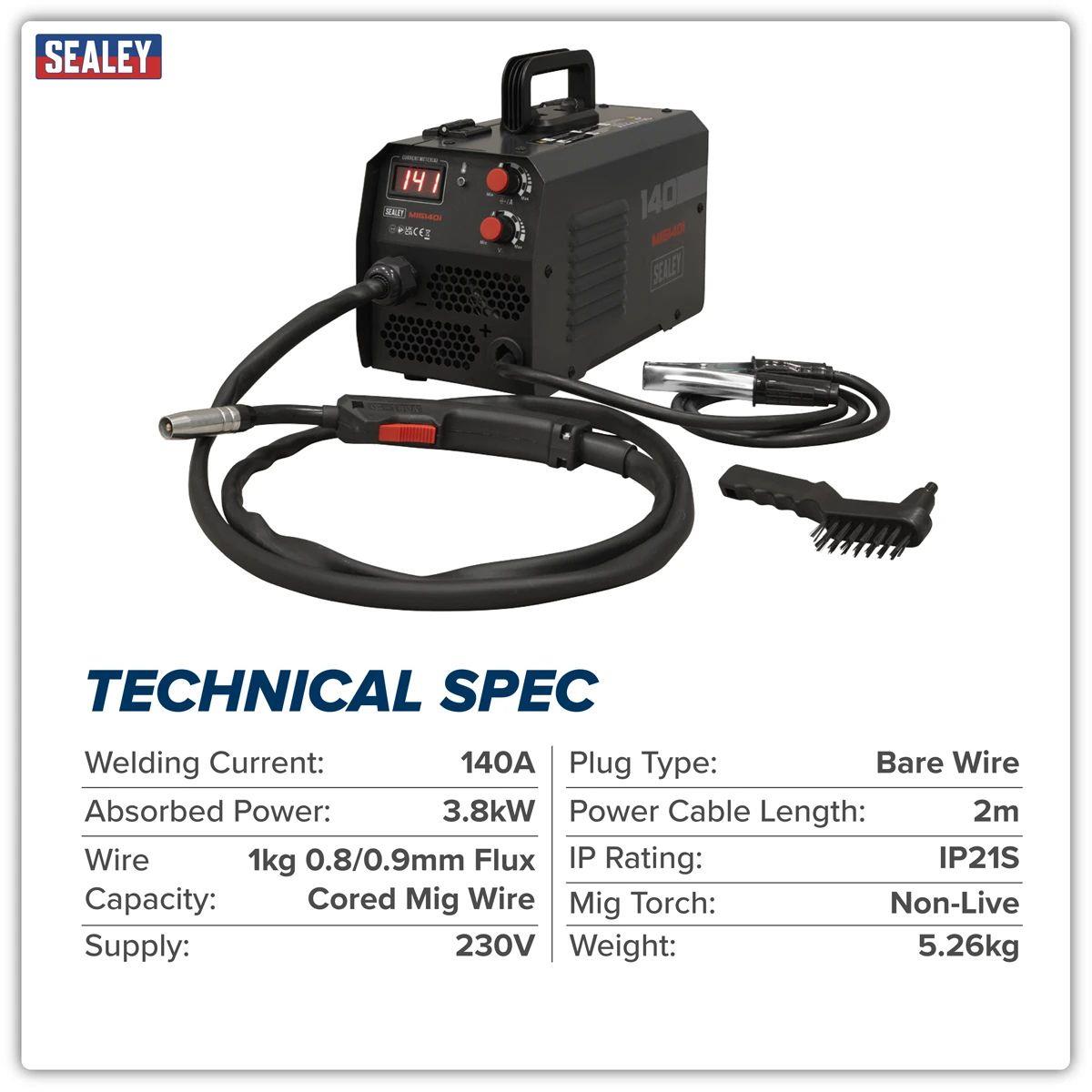 Sealey MIG140i Flux Cored Gasless MIG Inverter Welder 230V/140A