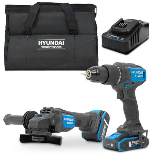 Hyundai S02-FTB 20V Hammer Drill and Angle Grinder 115mm Brushless Kit 2.0Ah/4.0Ah Li-ion Battery & 2A Charger