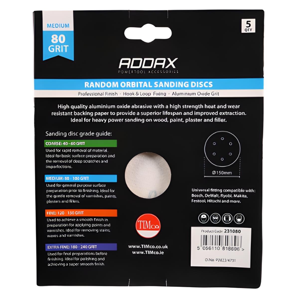 Timco 150mm Hook & Loop Random Orbital Sanding Discs 80 Grit Pack of 5 - 231080