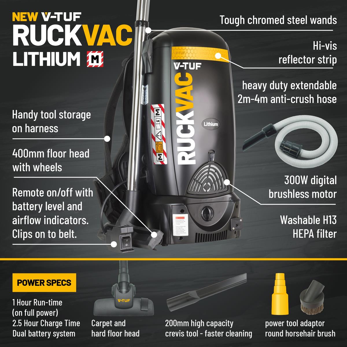 V-TUF RUCKVAC-ION HSV 500W Cordless M-Class Rated Backpack Vacuum Cleaner with Lung Safe Hepa Filtration