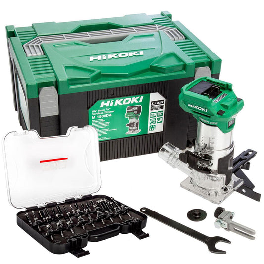 Hikoki M1808DAJ2Z 18V 1/4" Brushless Router Trimmer with 35 Piece Cutter Set