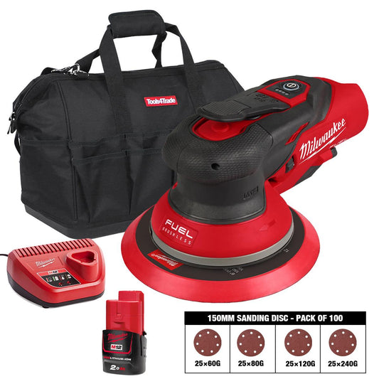 Milwaukee M12FROS5-0 12V FUEL Brushless 150mm Random Orbit Sander with Sanding Disc 60G, 80G, 120G, 240G Pack of 100 & 1 x 2.0Ah Battery, Charger & Bag