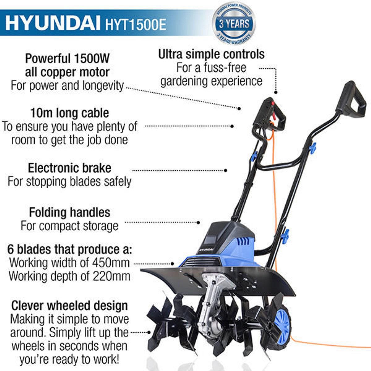 Hyundai HYT1500E 45cm Electric Garden Tiller Cultivator Rotovator and Rototiller 4 x 6 Blades 230V/1500W