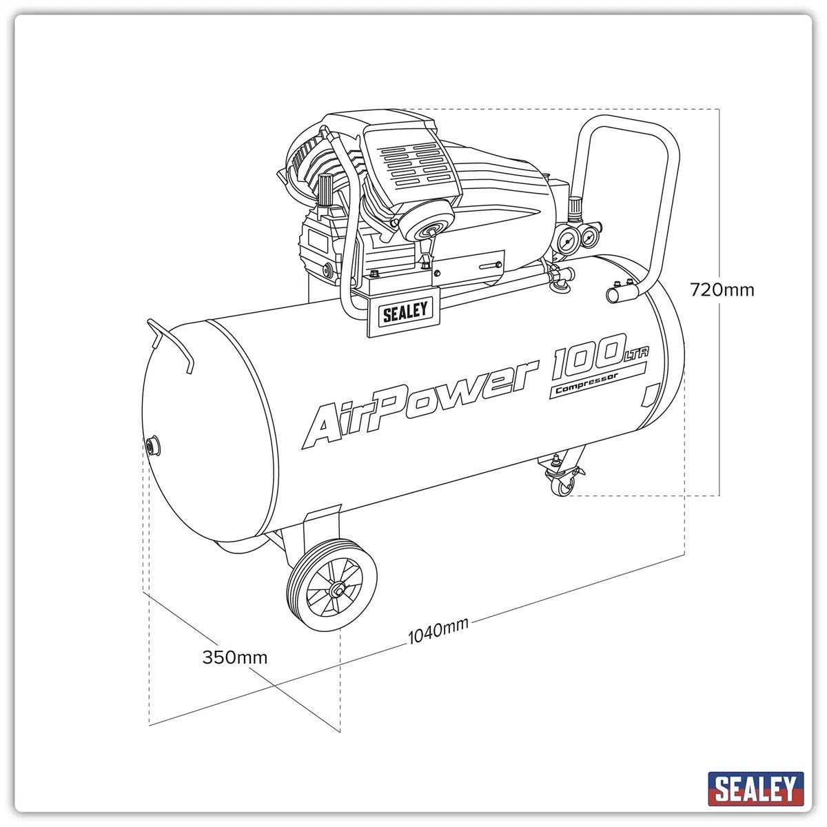 Sealey SAC10030VA 100L V-Twin Direct Drive Air Compressor 3hp 230V/13A