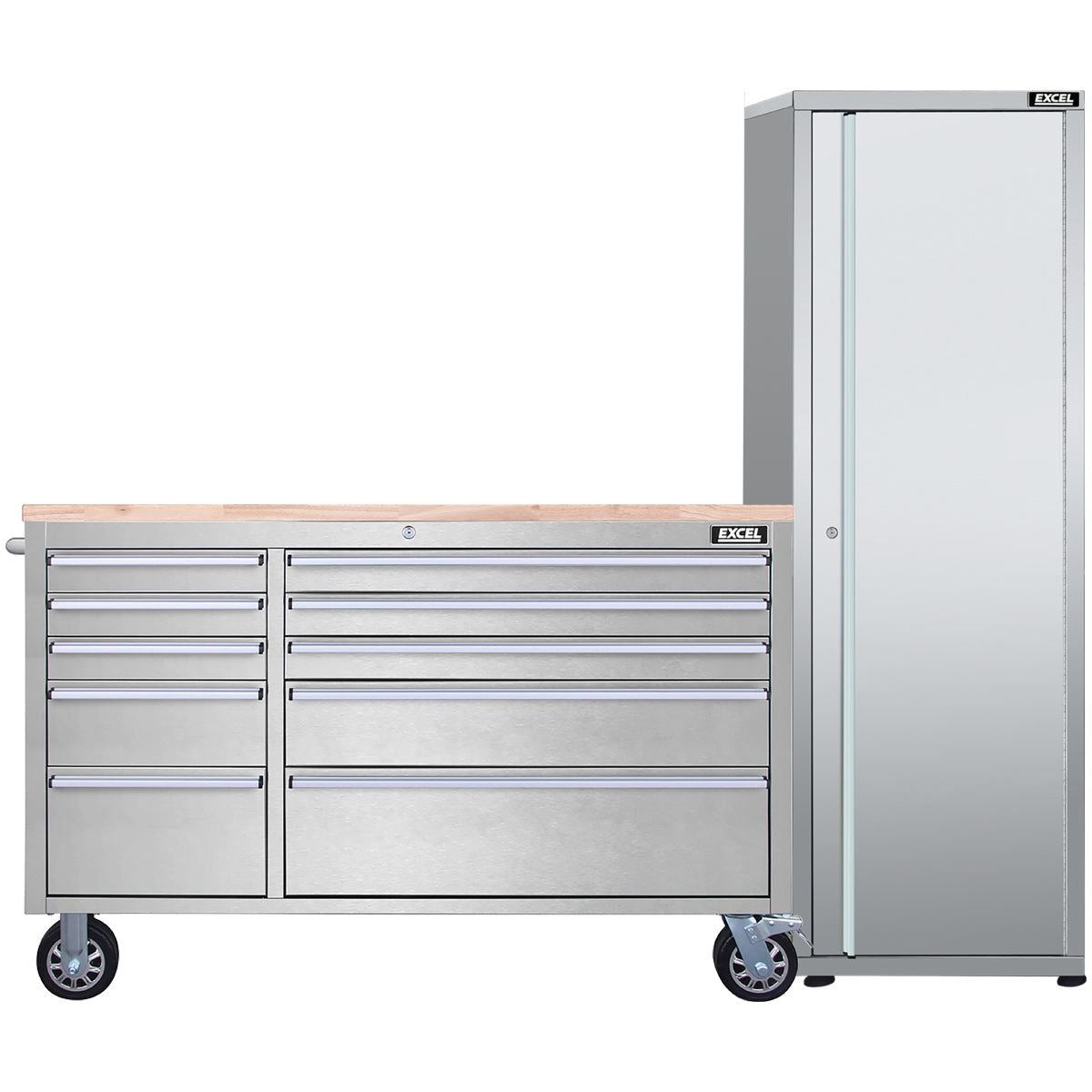Excel 55inch 10 Drawer Stainless Steel Workbench Roller Tool Chest Cabinet & Tall Cabinet