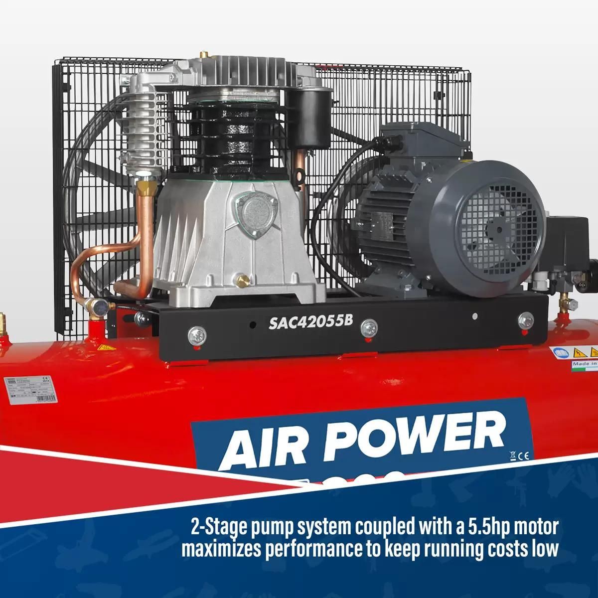 Sealey SAC42055B 200L Belt Drive Air Compressor with Cast Cylinders 415V/32A