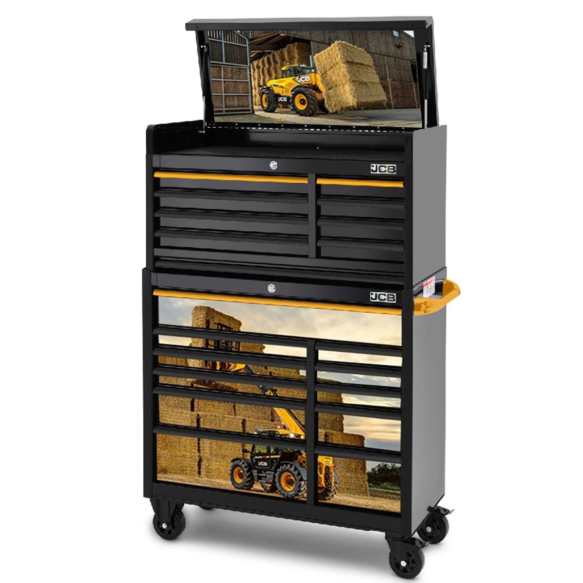 JCB 42’’ Roller Cabinet and Top Tool Chest Stack 19 Drawer with Telehandler Loader Wrap JCBTLHSTACK