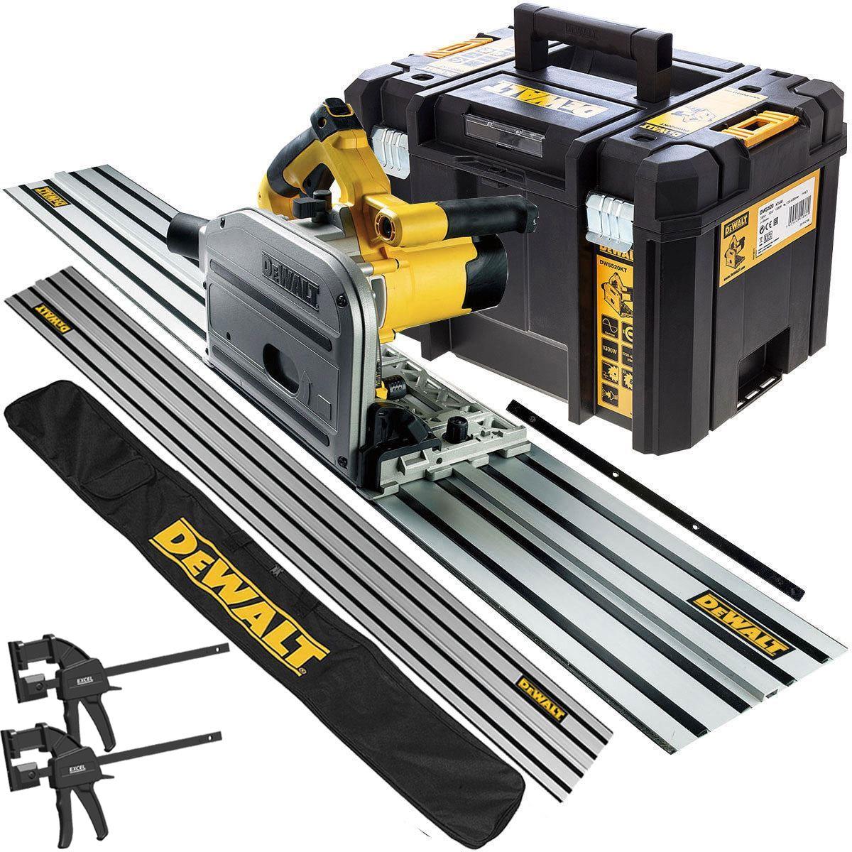 Dewalt DWS520KT 240V Plunge Saw with 2 x 1.5m Guide Rails Connector Clamps & Bag
