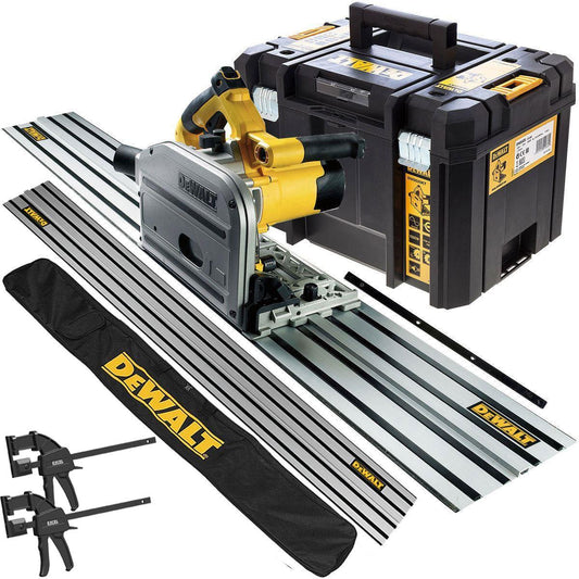 Dewalt DWS520KT 240V Plunge Saw with 2 x 1.5m Guide Rails Connector Clamps & Bag