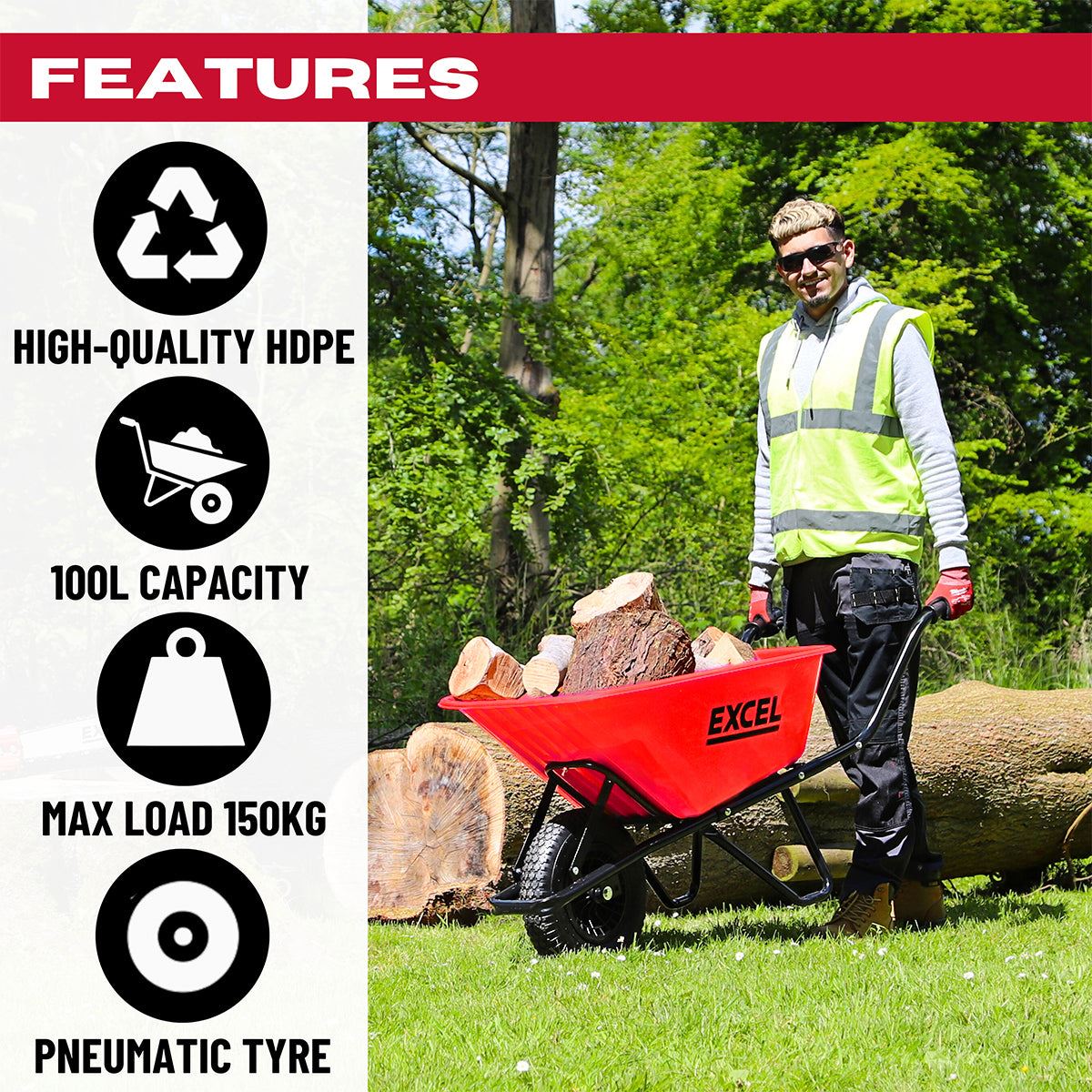 Excel Heavy Duty Wheelbarrow with 100L HDPE Tray Red