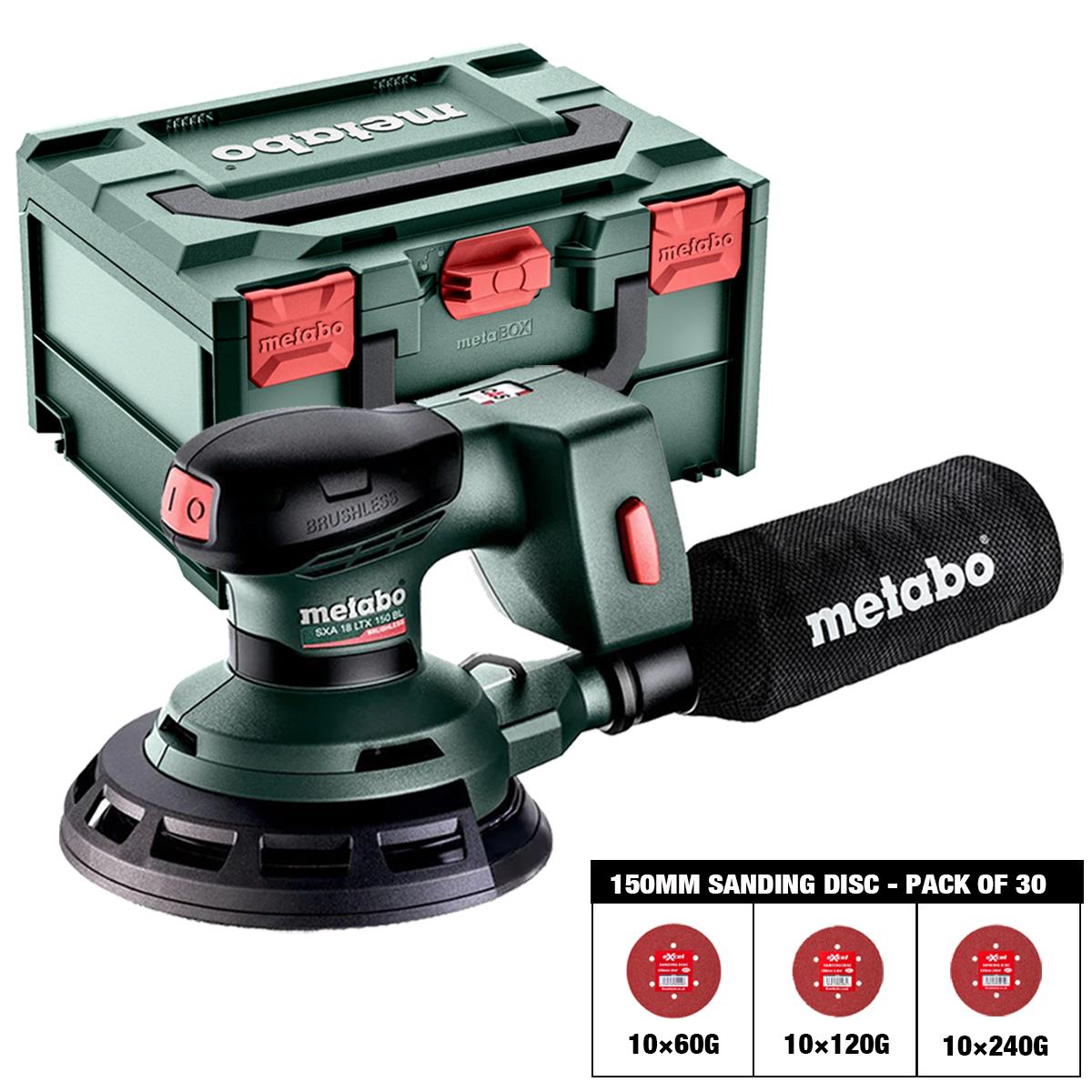 Metabo SXA 18 LTX 150 BL 18V Brushless 150mm Random Orbital Sander with Sanding Disc 60G, 120G, 240G Pack of 30