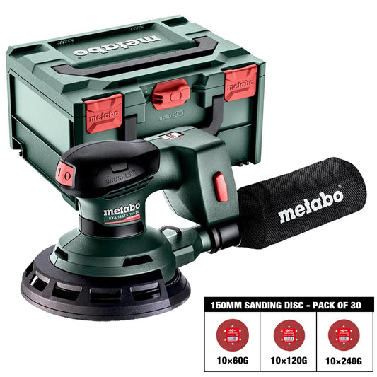 Metabo SXA 18 LTX 150 BL 18V Brushless 150mm Random Orbital Sander with Sanding Disc 60G, 120G, 240G Pack of 30