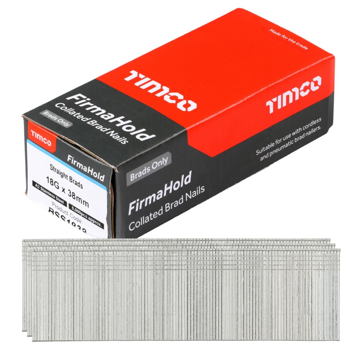 FirmaHold 38mm A2 Stainless Steel 18 Gauge 5000 Straight Collated Brad Nails BSS1838