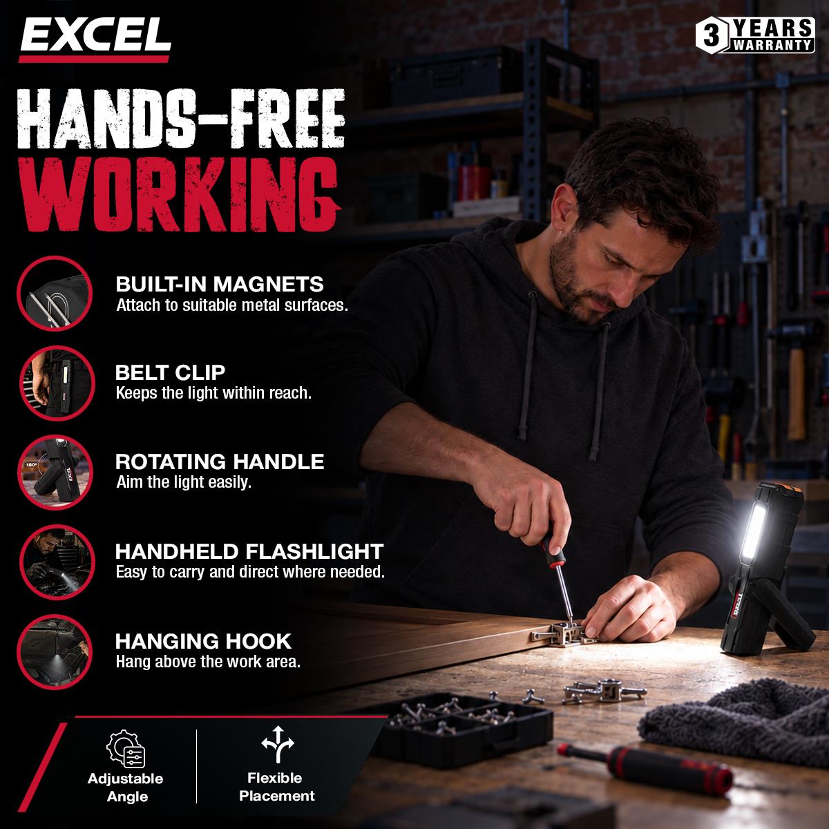 Excel 400 Lumens LED Rechargeable Magnetic Handheld Work Light with Red Laser