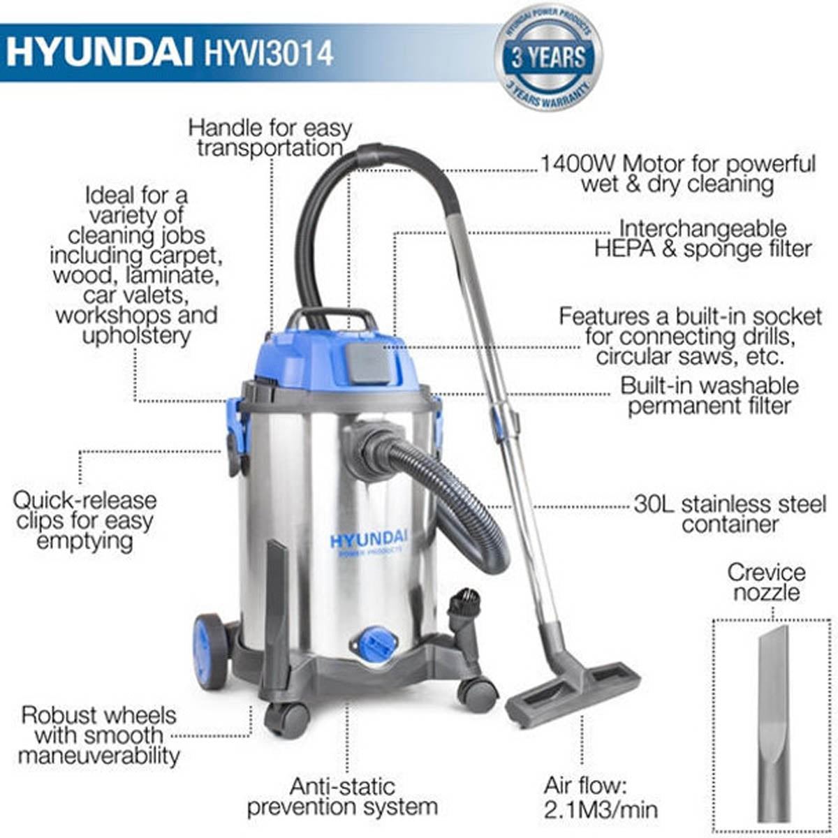 Hyundai HYVI3014 3-In-1 Wet and Dry Electric Vacuum Cleaner HEPA Filtration 230V/1400W