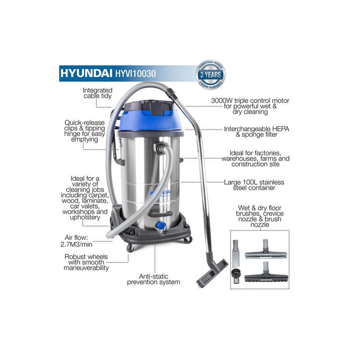 Hyundai HYVI10030 Triple Motor 3-In-1 Wet and Dry Electric HEPA Filtration Vacuum Cleaner 230V/3000W