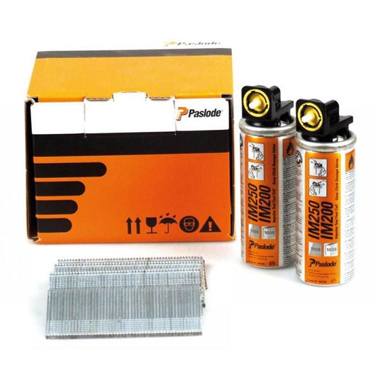 Paslode IM65 63mm 16 Gauge 2000 Straight Electro Galvanised Brad Nails With 2 Fuel Cells 921592