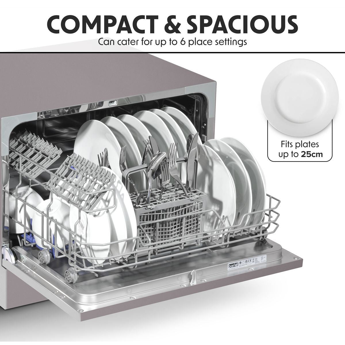 Sealey DH84 Baridi Tabletop Dishwasher 6 Place Settings 6.5L Capacity Silver 230V/1280W
