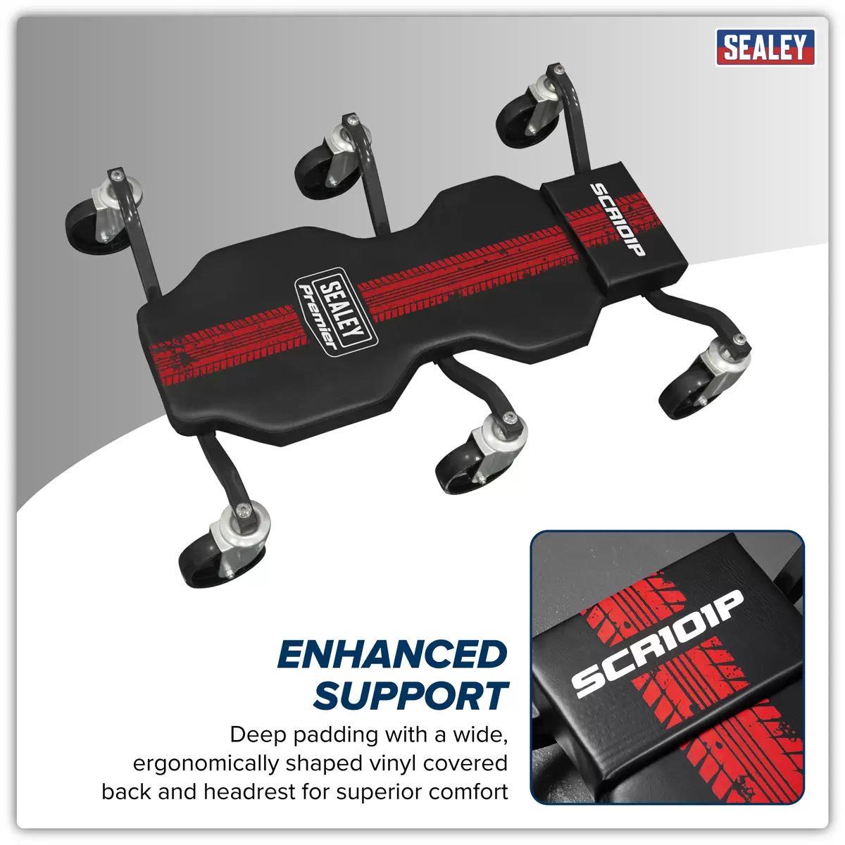 Sealey SCR101P Steel Creeper with 6 Rough Ground 5 Inch Wheels & Headrest