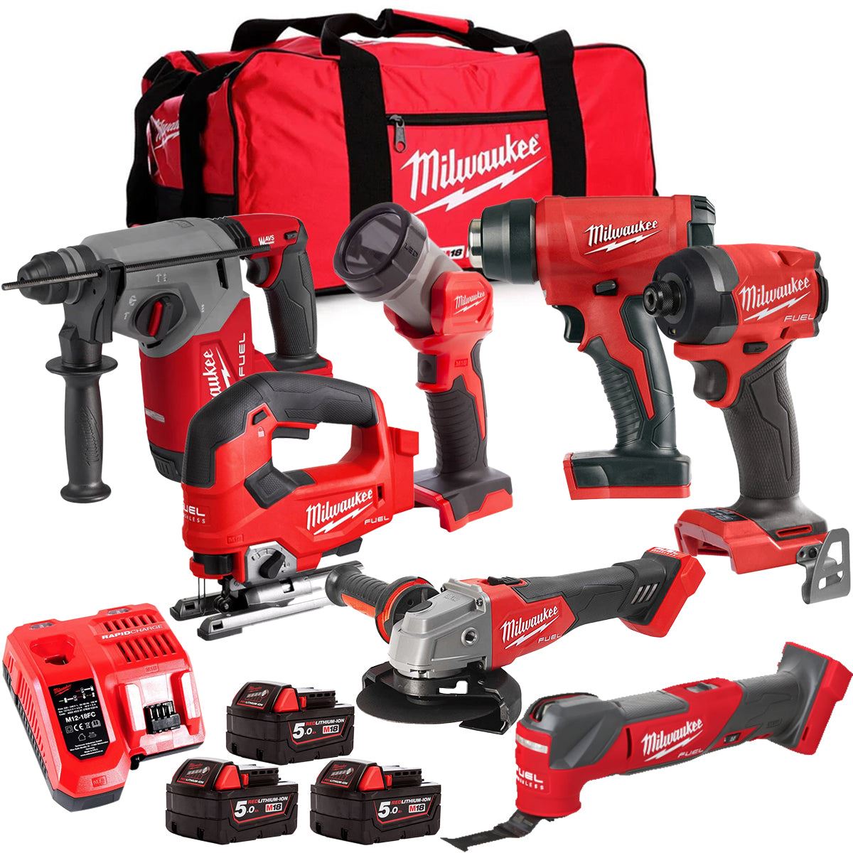 Milwaukee M18FPP6L3-503BK9 18V Brushless 7 Piece Tool Kit with 3 x 5.0Ah Batteries Charger & Wheeled Bag