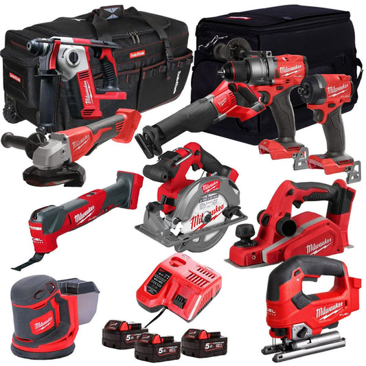 Milwaukee 18V Cordless 10 Piece Tool Kit with 3 x 5.0Ah Batteries & Charger in Bag T4TKIT-509
