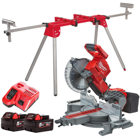 Milwaukee M18FMS254-0 18V FUEL Brushless 254mm Compound Mitre Saw with 2 x 5.0Ah Batteries Charger & Extendable Saw Stand