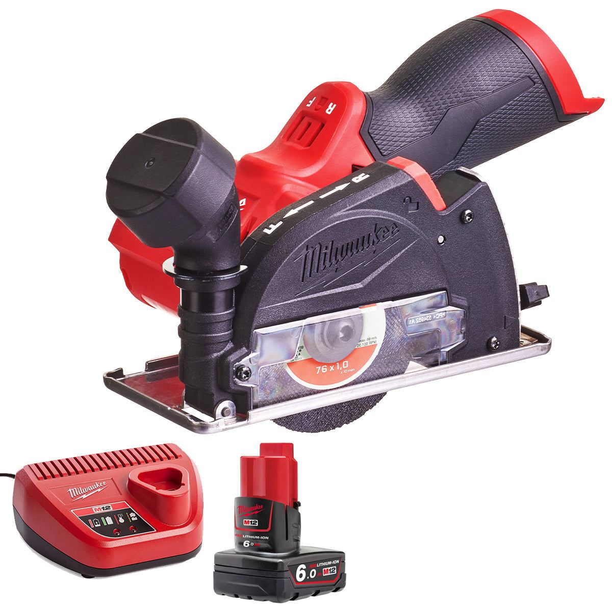 Milwaukee M12FCOT-0 12V Fuel Brushless 76mm Multi-Material Cut-off Saw with 1 x 6.0Ah Battery & Charger