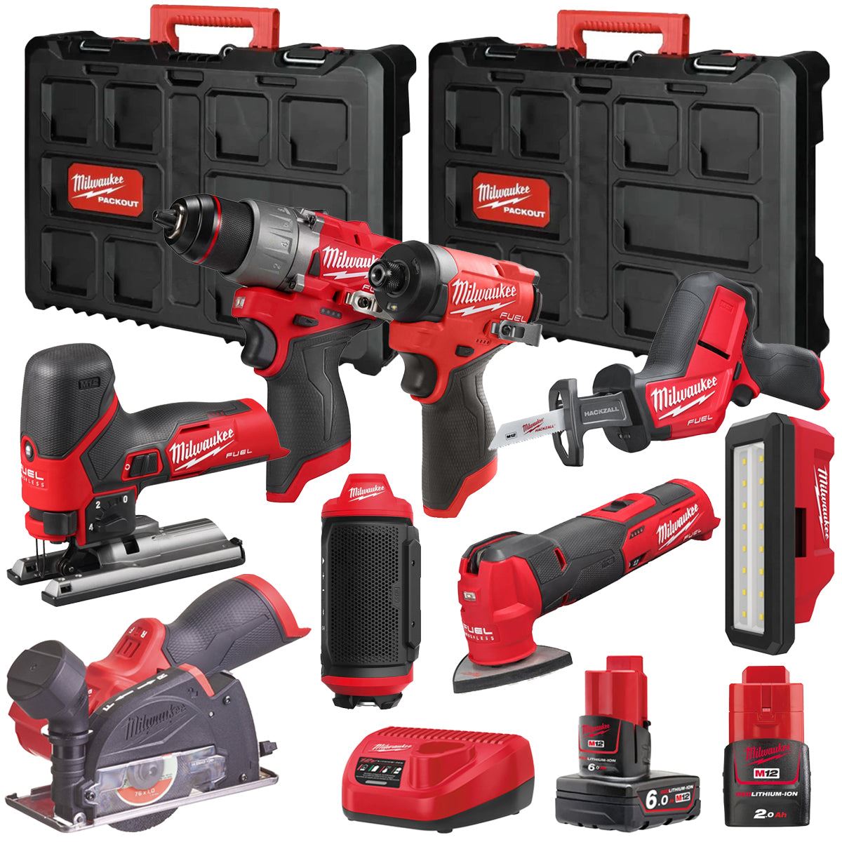 Milwaukee M12FPP7B2-623P 12V Fuel 8 Piece Powerpack Tool Kit with 1 x 6.0Ah & 2.0Ah Batteries, Charger & Case