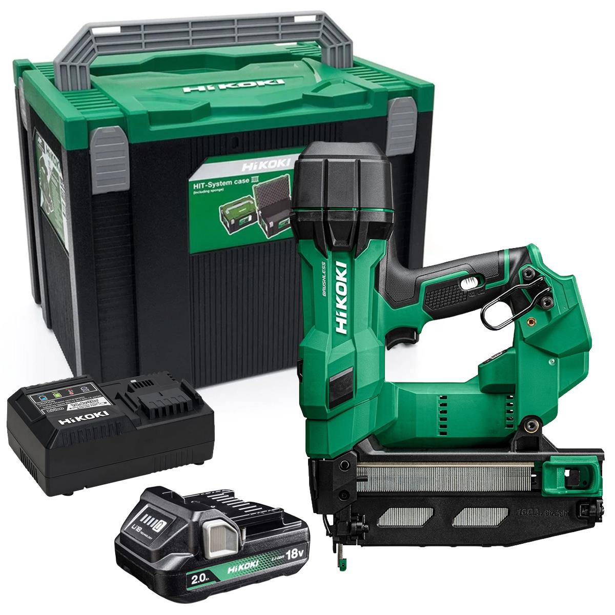 HiKOKI NT1865DSAW9Z 18V 16G Straight Finish Nailer With 1 x 2.0Ah Battery Charger & Case