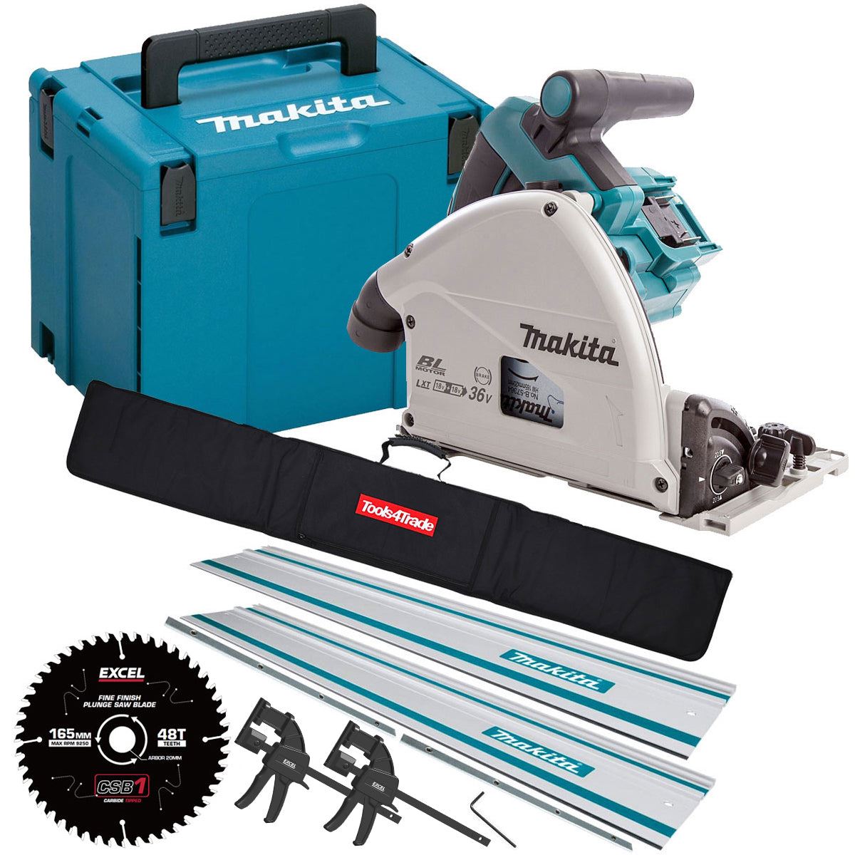Makita DSP600ZJ 36V Brushless Plunge Saw Body Only + 2 x Guide Rail, Connector with Blade & Clamp Set