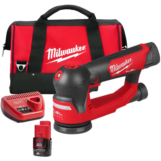 Milwaukee M12FSDR75-0B 12V Brushless 75mm Random Orbit Sander with 1 x 2.0Ah Battery Charger & Bag