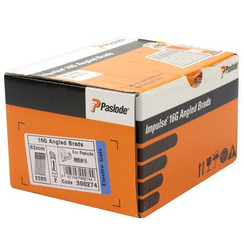 Paslode IM65A 63mm 16 Gauge 2000 Angled Electro Galvanised Brad Nails With 2 Fuel Cells 300274