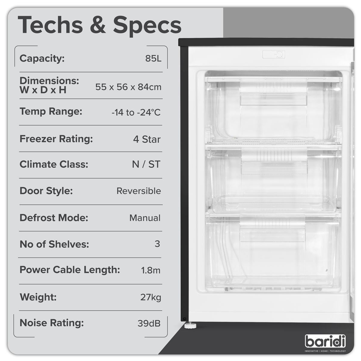 Sealey DH251 Baridi 55cm Undercounter Freezer with Adjustable Thermostat 85L Black