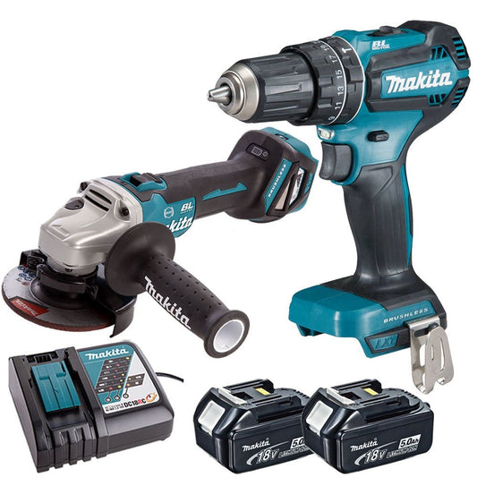 Makita Twin Pack Angle Grinder + Combi Drill with 2 x 5.0Ah Batteries & Charger