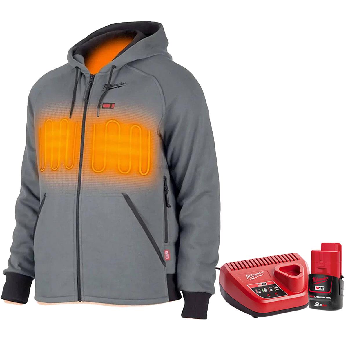 Milwaukee M12 12V Grey Heated Hoodie Medium with 1 x 2.0Ah Battery & Charger